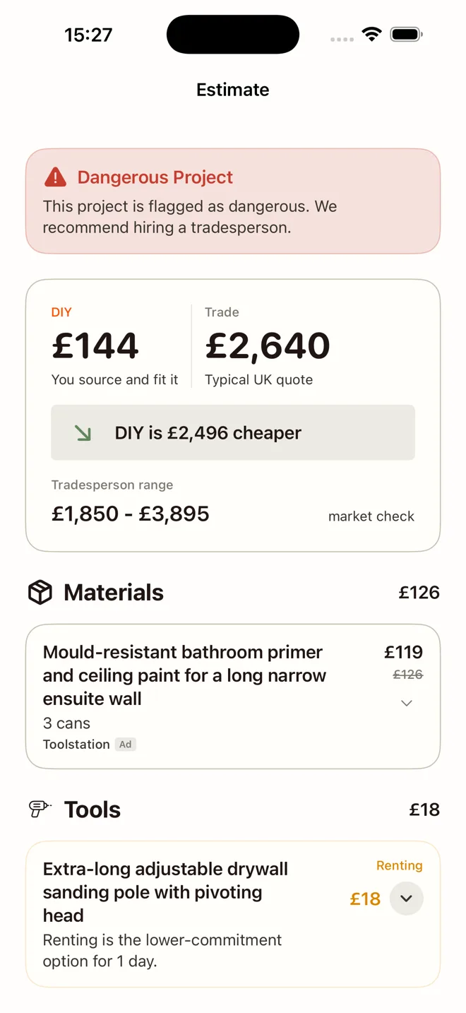 DIYDerek cost estimate showing DIY versus trade pricing