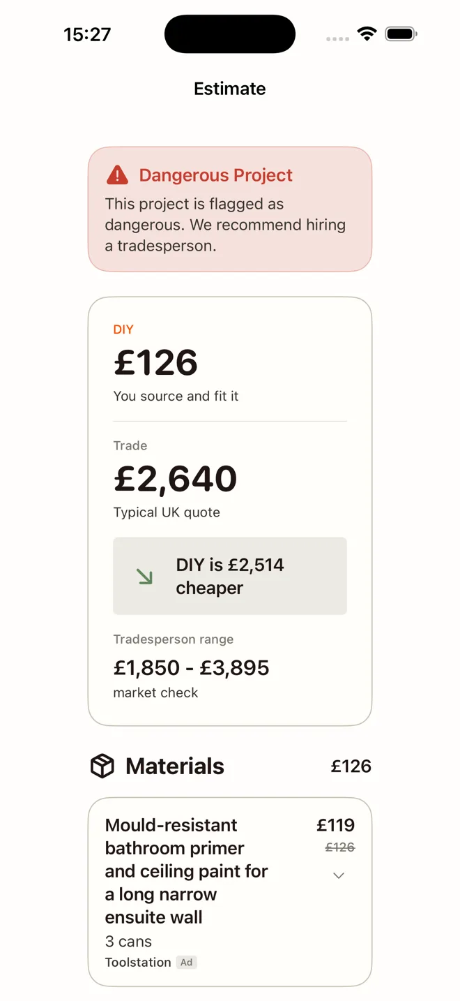 Itemised DIY cost breakdown with a trade quote comparison in DIYDerek